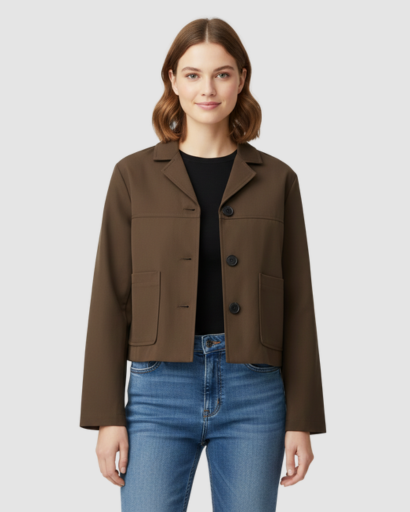 Veste Courte Structurée à Col Tailleur et Poches Plaquées
