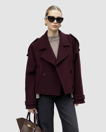 Veste Courte à Double Boutonnage avec Épaulettes Tombantes et Revers Crantés
