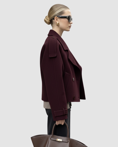 Veste Courte à Double Boutonnage avec Épaulettes Tombantes et Revers Crantés