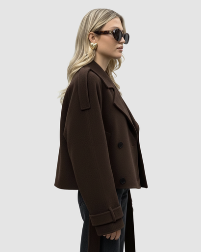 Veste Courte à Double Boutonnage avec Épaulettes Tombantes et Revers Crantés