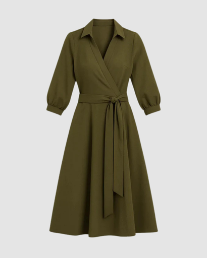 Robe mi-longue évasée à col chemise et taille ceinturée avec poches