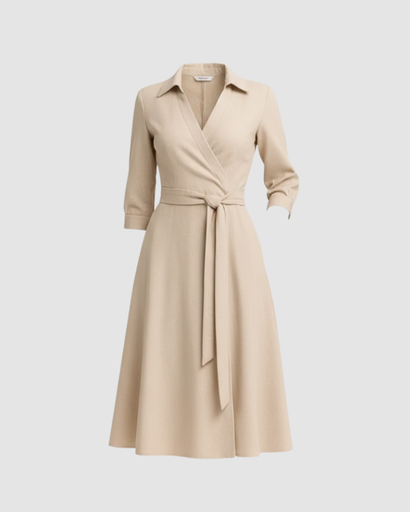 Robe mi-longue évasée à col chemise et taille ceinturée avec poches