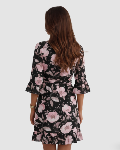 Robe Courte Portefeuille à Imprimé Floral et Manches Volantées