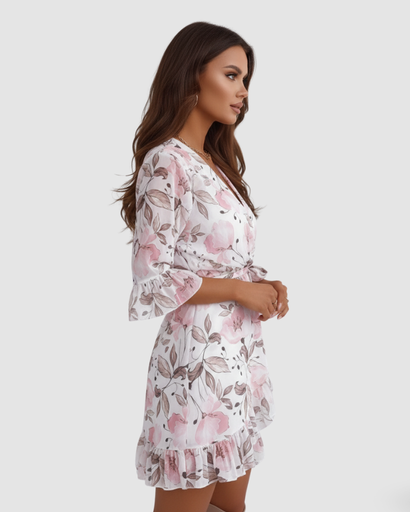 Robe Courte Portefeuille à Imprimé Floral et Manches Volantées