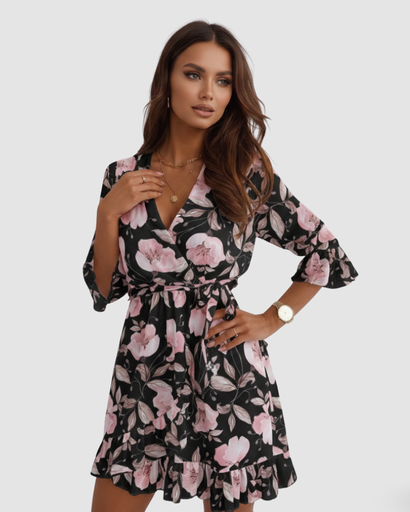 Robe Courte Portefeuille à Imprimé Floral et Manches Volantées