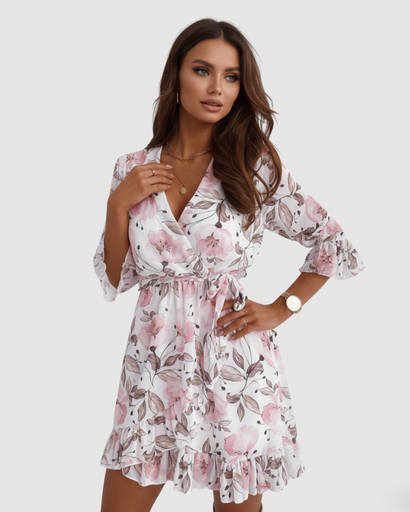 Robe Courte Portefeuille à Imprimé Floral et Manches Volantées