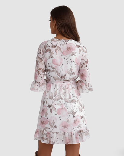Robe Courte Portefeuille à Imprimé Floral et Manches Volantées