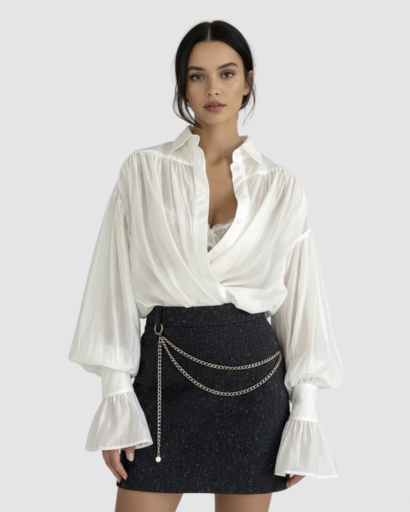 Chemise Fluide à Manches Bouffantes et Poignets Évasés