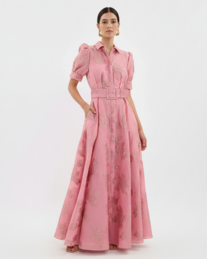 Robe Longue de Gala à Motif Floral Relief, Coupe Évasée et Ceinture Coordonnée