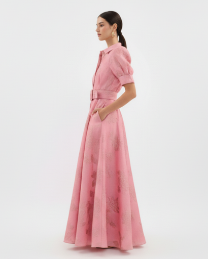 Robe Longue de Gala à Motif Floral Relief, Coupe Évasée et Ceinture Coordonnée