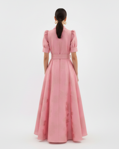 Robe Longue de Gala à Motif Floral Relief, Coupe Évasée et Ceinture Coordonnée