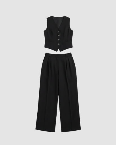 Ensemble tailleur femme avec gilet sans manches et pantalon large taille haute à plis