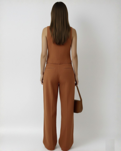 Ensemble tailleur femme avec gilet sans manches et pantalon large taille haute à plis