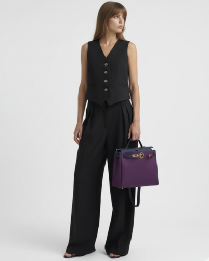 Ensemble tailleur femme avec gilet sans manches et pantalon large taille haute à plis