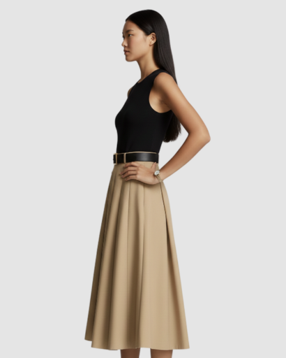 Robe mi-longue bicolore sans manches à jupe plissée évasée et ceinture à boucle dorée