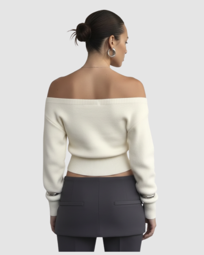 Pull en maille courte asymétrique à épaule dénudée et coupe cintrée