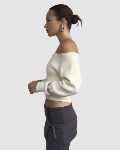 Pull en maille courte asymétrique à épaule dénudée et coupe cintrée