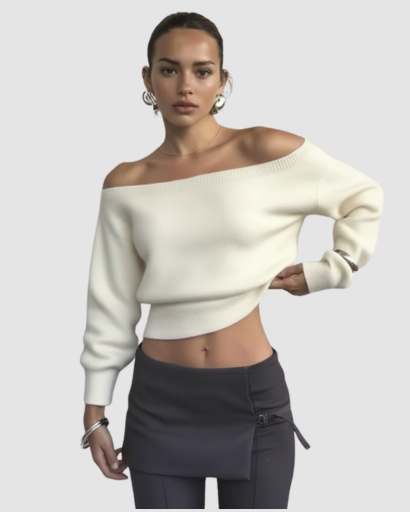 Pull en maille courte asymétrique à épaule dénudée et coupe cintrée