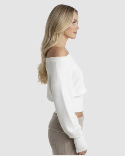 Pull en maille courte asymétrique à épaule dénudée et coupe cintrée