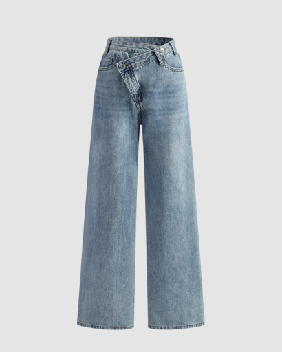 Jean Large à Taille Croisée Asymétrique et Jambe Large Style Relaxed