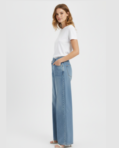 Jean Large à Taille Croisée Asymétrique et Jambe Large Style Relaxed