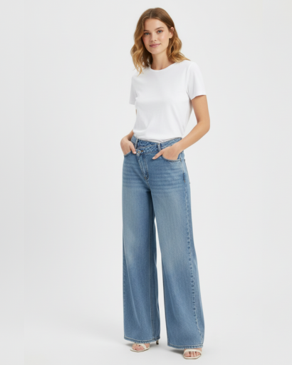 Jean Large à Taille Croisée Asymétrique et Jambe Large Style Relaxed