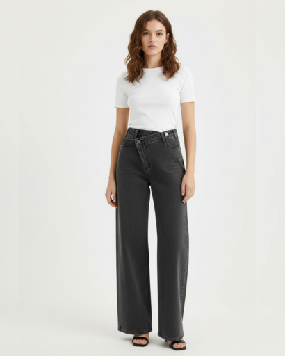Jean Large à Taille Croisée Asymétrique et Jambe Large Style Relaxed