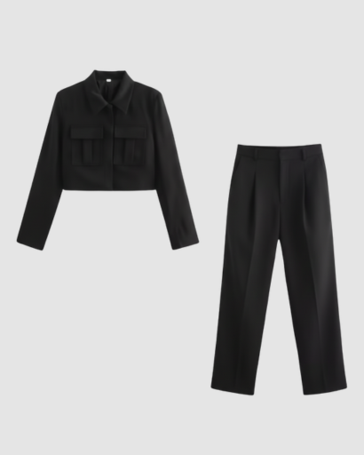 Ensemble Tailleur Cropped Veste à Poches Cargo et Pantalon à Pinces