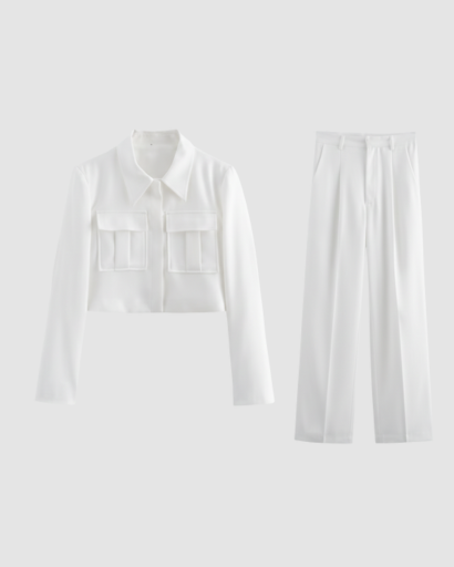 Ensemble Tailleur Cropped Veste à Poches Cargo et Pantalon à Pinces