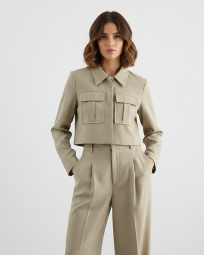 Ensemble Tailleur Cropped Veste à Poches Cargo et Pantalon à Pinces