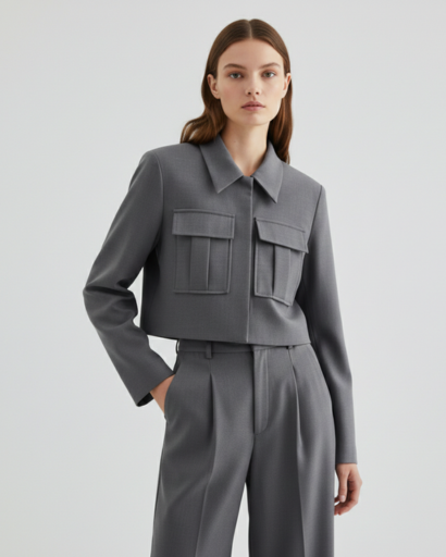 Ensemble Tailleur Cropped Veste à Poches Cargo et Pantalon à Pinces