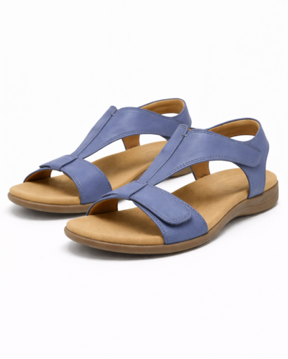 Sandales femme plates à bride centrale avec fermeture auto-agrippante et semelle ergonomique apparente