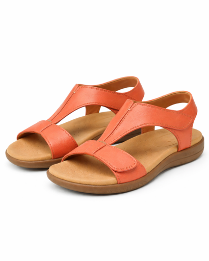 Sandales femme plates à bride centrale avec fermeture auto-agrippante et semelle ergonomique apparente