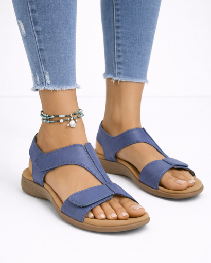 Sandales femme plates à bride centrale avec fermeture auto-agrippante et semelle ergonomique apparente