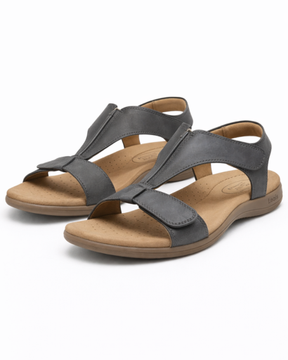Sandales femme plates à bride centrale avec fermeture auto-agrippante et semelle ergonomique apparente