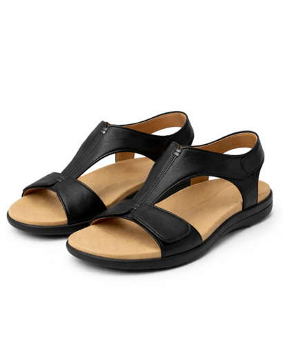 Sandales femme plates à bride centrale avec fermeture auto-agrippante et semelle ergonomique apparente