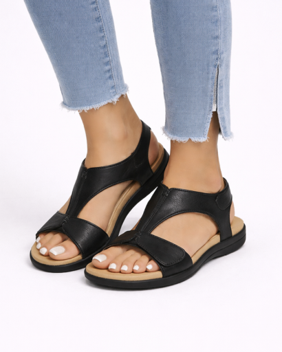 Sandales femme plates à bride centrale avec fermeture auto-agrippante et semelle ergonomique apparente