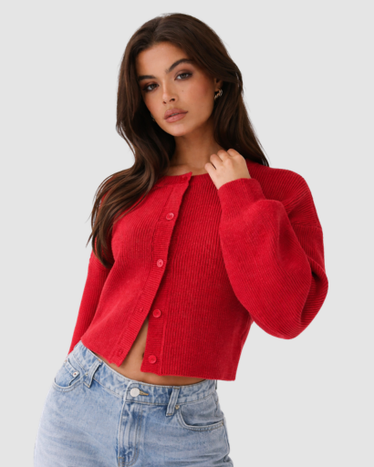 Cardigan femme court en maille avec boutons frontaux et manches longues amples