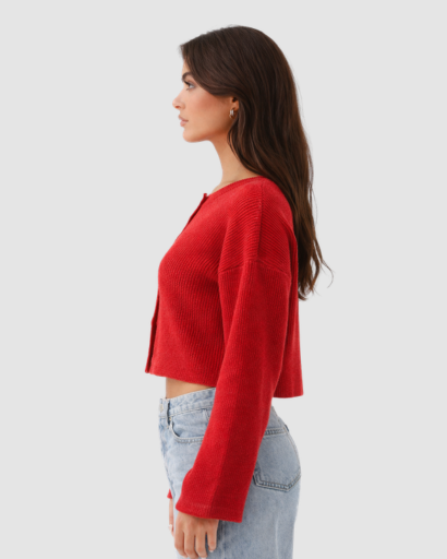 Cardigan femme court en maille avec boutons frontaux et manches longues amples