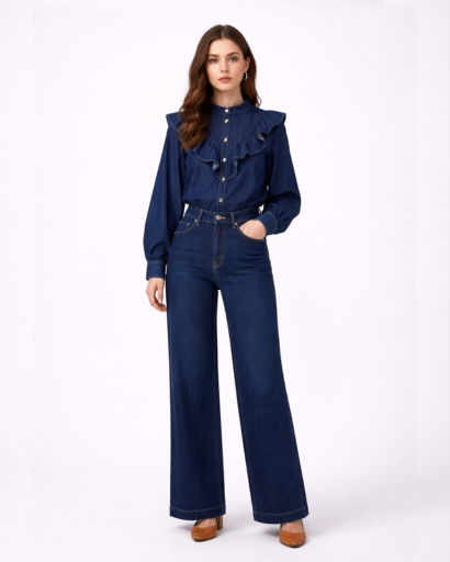 Ensemble Chemise Denim & Pantalon Assorti Femme – Style Casual Chic | Automne Printemps