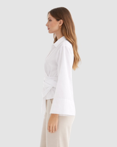 Blouse cache-cœur femme à nouer coupe courte avec manches longues évasées