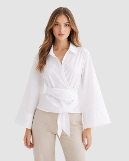 Blouse cache-cœur femme à nouer coupe courte avec manches longues évasées