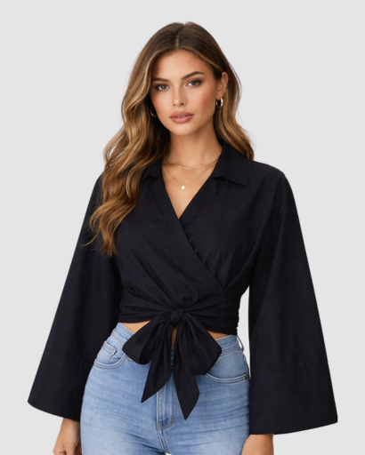 Blouse cache-cœur femme à nouer coupe courte avec manches longues évasées