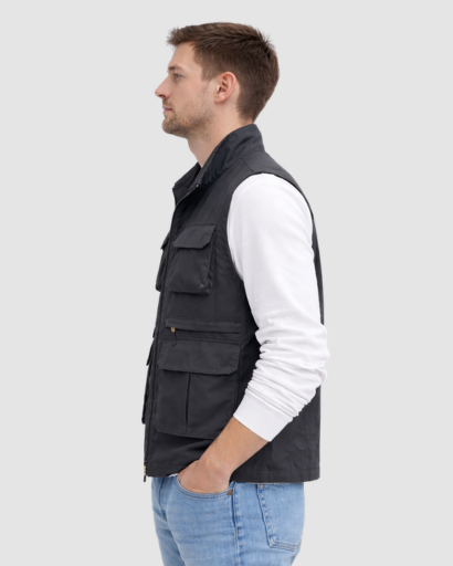 Gilet Homme Sans Manches Multi-Poches avec Fermeture Zippée et Col Montant