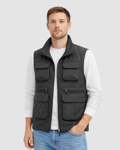 Gilet Homme Sans Manches Multi-Poches avec Fermeture Zippée et Col Montant