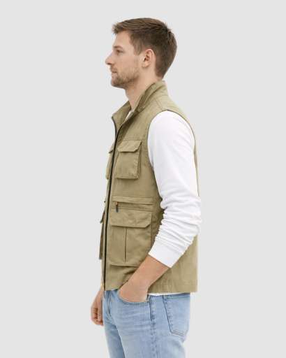 Gilet Homme Sans Manches Multi-Poches avec Fermeture Zippée et Col Montant