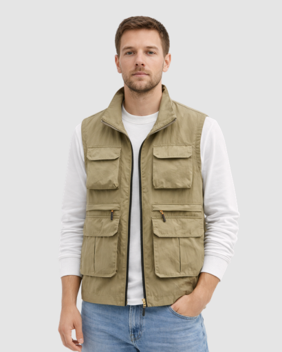 Gilet Homme Sans Manches Multi-Poches avec Fermeture Zippée et Col Montant