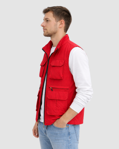 Gilet Homme Sans Manches Multi-Poches avec Fermeture Zippée et Col Montant