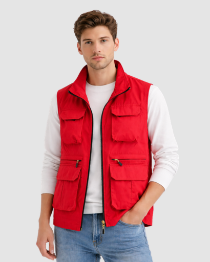 Gilet Homme Sans Manches Multi-Poches avec Fermeture Zippée et Col Montant