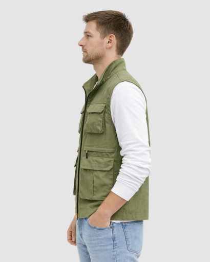 Gilet Homme Sans Manches Multi-Poches avec Fermeture Zippée et Col Montant